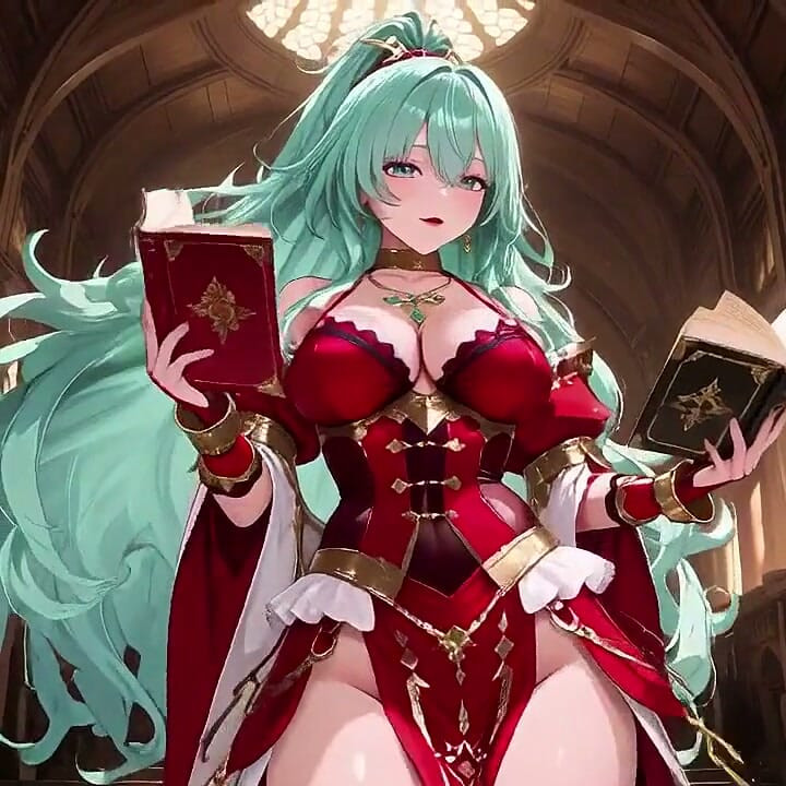 Golden Hall Fantasy! Green-haired Knight in Red-white Armor Kneeling, Teasing with Floating Magic Books - Divine Meets Carnal!