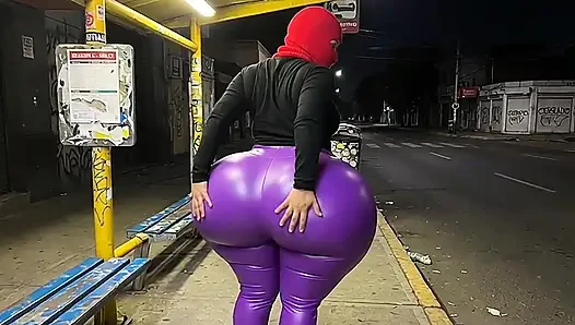 Big Ass Stepmom in Tight Purple Leather Leggings on the Street