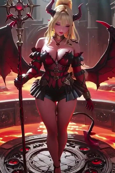 Lava Tron! Blonda Demon Queen Kneels & Își întinde aripile, tachinare leneșă cu un pahar.