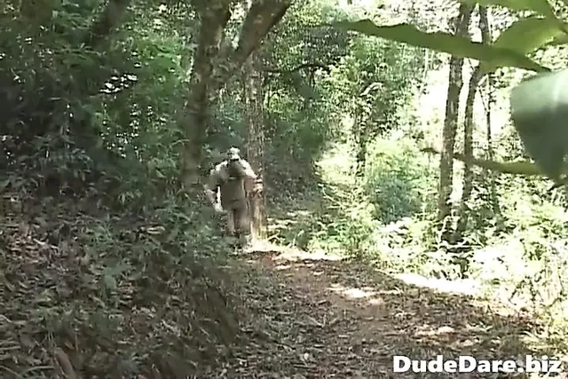 Guy soldiers at a bootcamp fucking hardcore in the woods