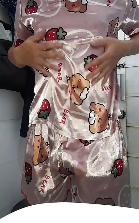 Masturbating Wearing Girl Satin Pajamas with Short Pants