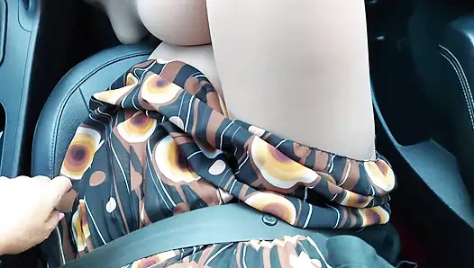 Horny stepmom teases her stepson with her sexy legs in stockings in the car