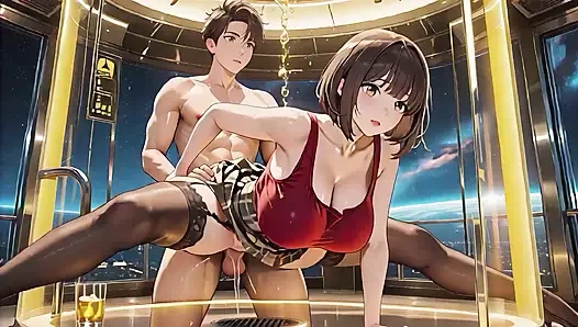 Brünette in rot plaidtem rock, Raumkabine sinnliches spiel