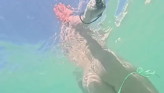 Naughty Blonde Pees in the Ocean Outdoor and Swimming Underwater