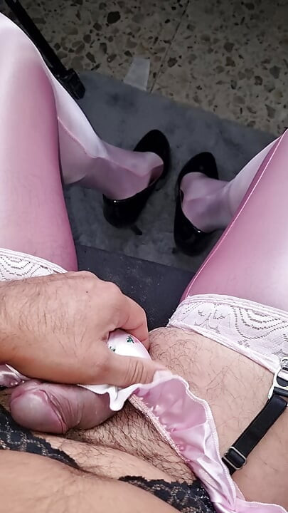 New pink bright stockings, rubbing, high heels