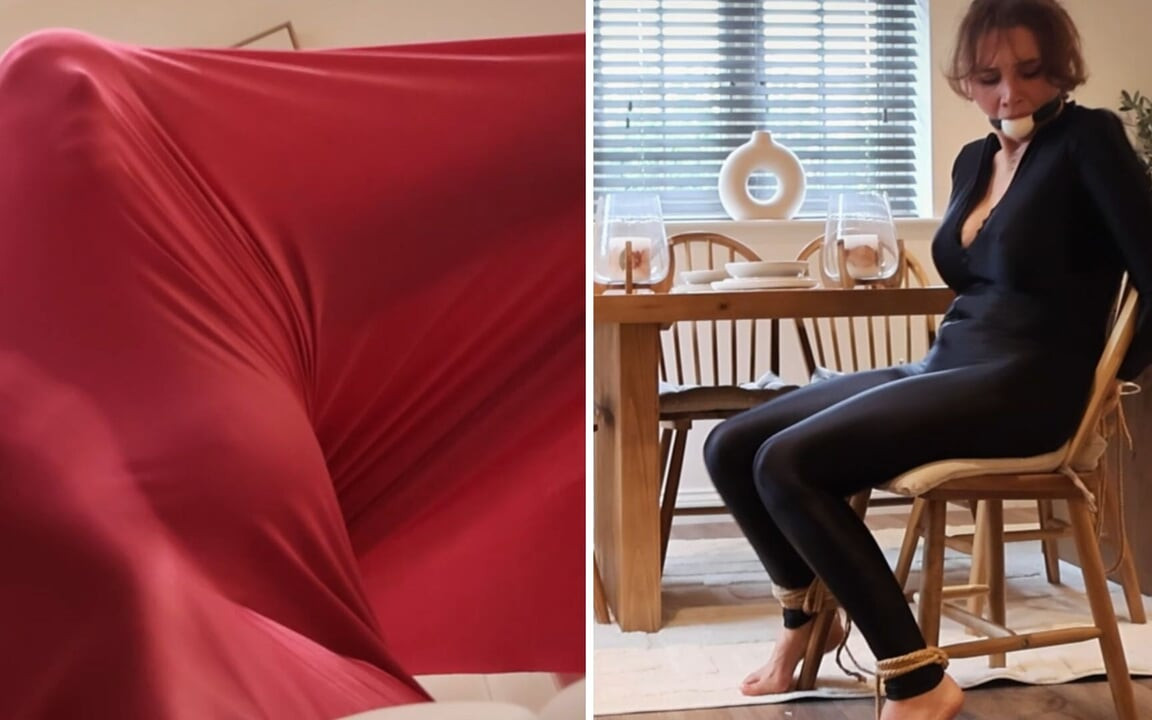Kiki Daniels enveloppée, attachée, chatouillée et bâillonnée dans un cocon en lycra par...
