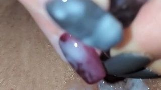 Girl gets real creamy with ribbed glass dildo