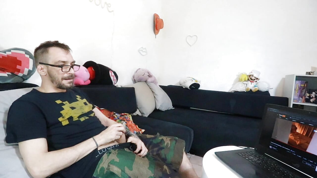 My friend finds my geek roommate is masturbating and my friend and I give him his first blowjob.