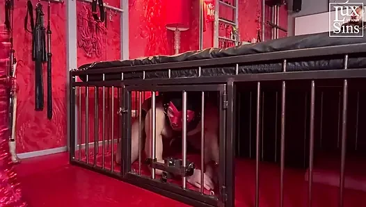 Femdom Boot Worship: Caged Sub worships red boots of his Mistress
