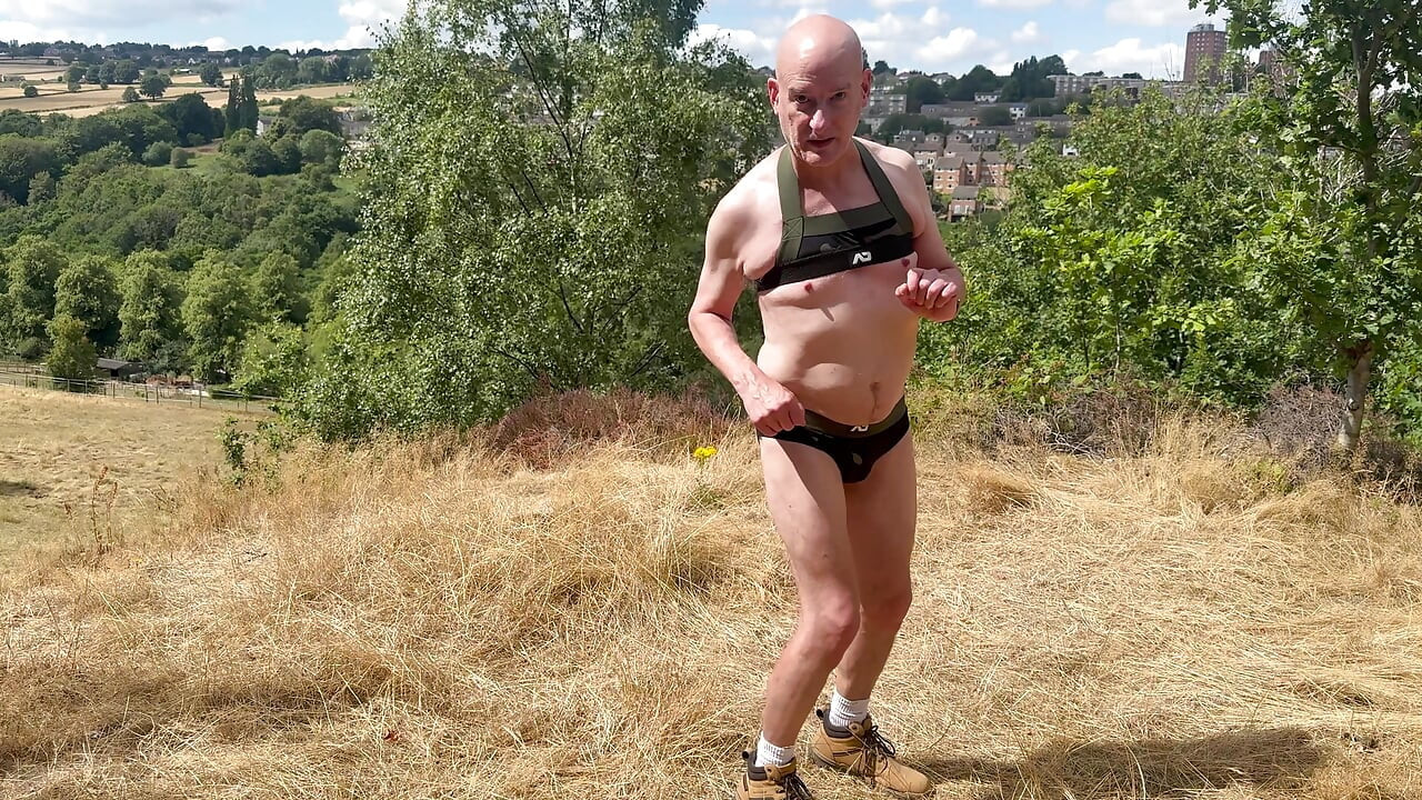 Camo harness and jock try-on outdoors
