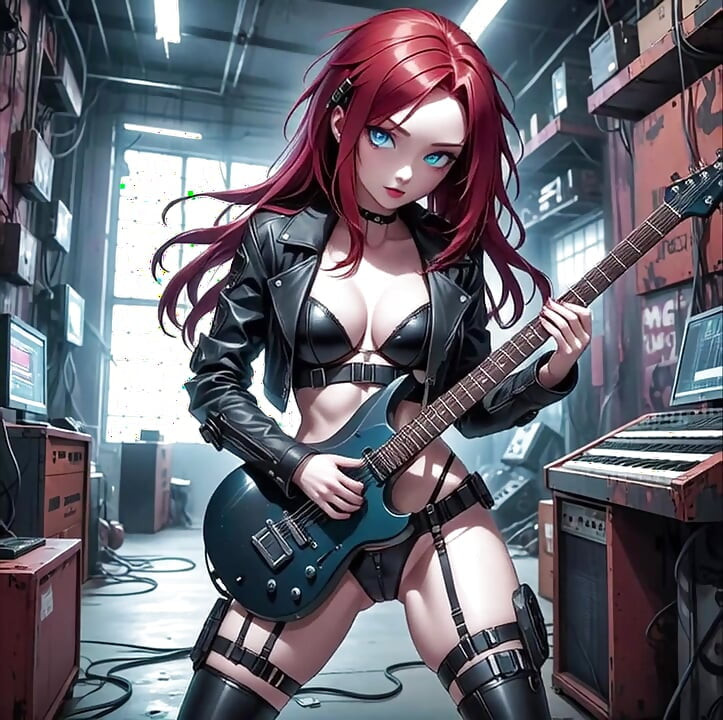 Anime seksi rambut merah lagi asik mainin video musik metal gitar ai