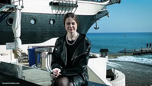 Young Russian Woman Smoking Cigarette Outdoor Terrace