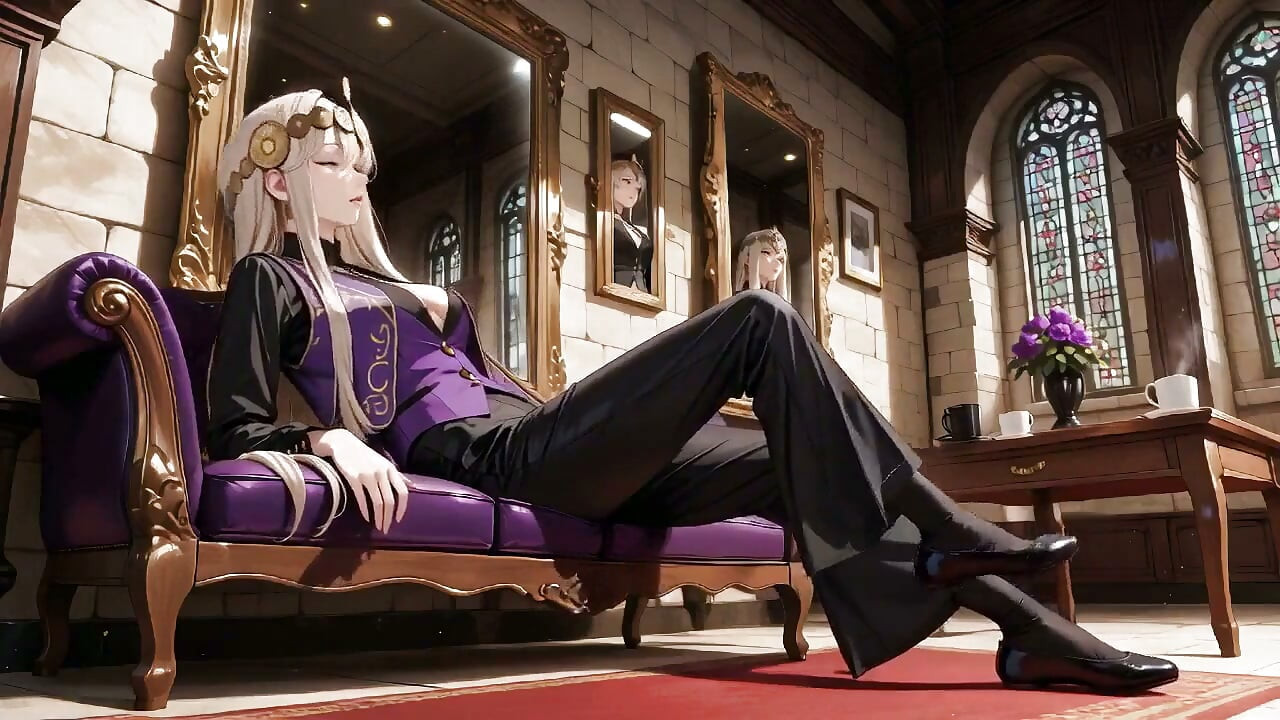 Une reine blonde en uniforme violet de la cour ! Lazy sur le trône, les yeux pleins de désir