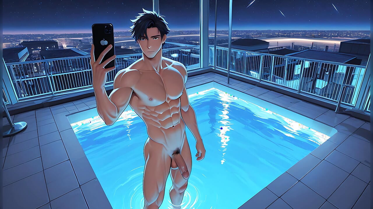 Rozdrobniony gimnastyczny facet nago wyprostowany kutas lustro selfie w basenie infinity
