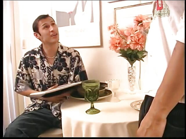 Gay blonde and gay dark hair boy give each other head at a restaurant