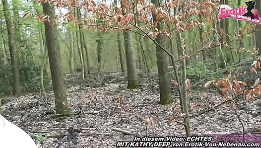 Chubby German milf having an outdoor blowjob in the woods with a stranger man