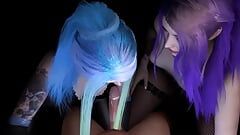 Deux filles aux cheveux colorés font une double pipe : clip porno 3D