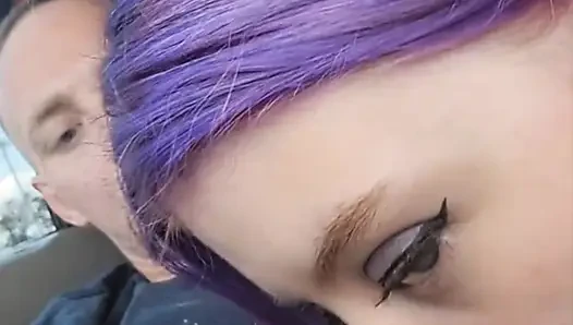 Sexy alt girl gives a risky public blowjob in the car