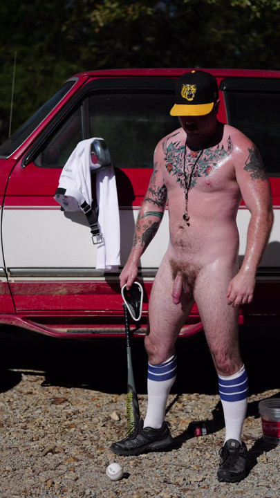 Baseball jock shows big uncut cock