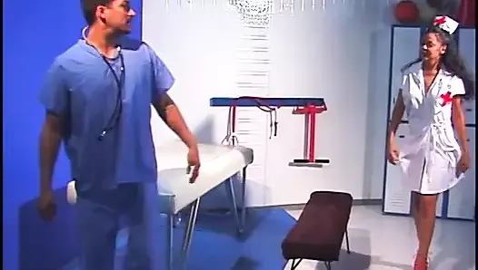 Nurse in red heels gets on top of sexy patient stud to suck his tool