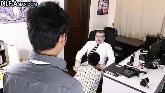 Asian twinks barebacked in office 3some by business DILF