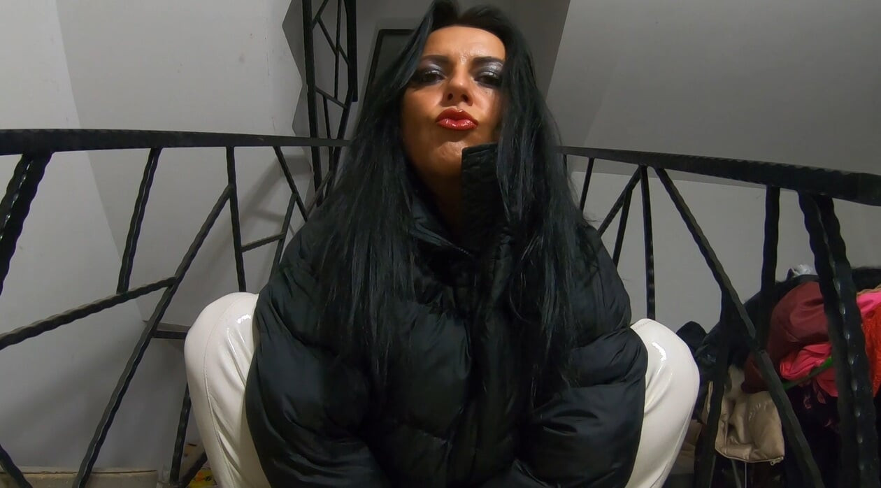 Black Downjacket Fetish on the Stairs. Bodystocking, Shiny Boots and Intimate Tease