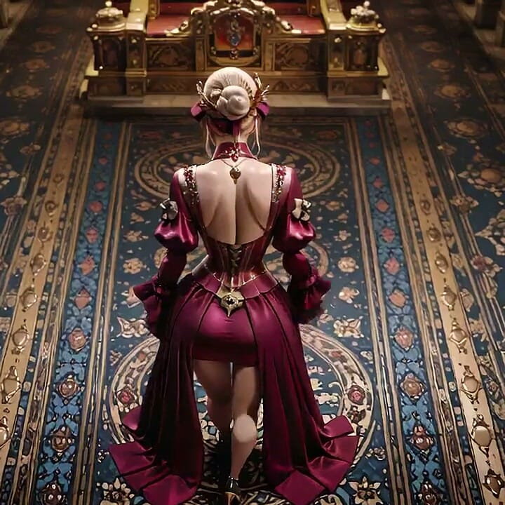 Red Queen on the Golden Throne! Deep Velvet Gown, Lazy Chin Rest, and a Gaze That Locks Onto You. Is She a Ruler or Prey?