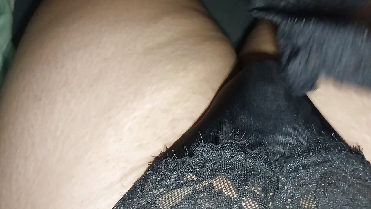 Cumming in my Step sisters Unwashed Black satin Thong while flexing her Other Silk and satin Thongs and T back