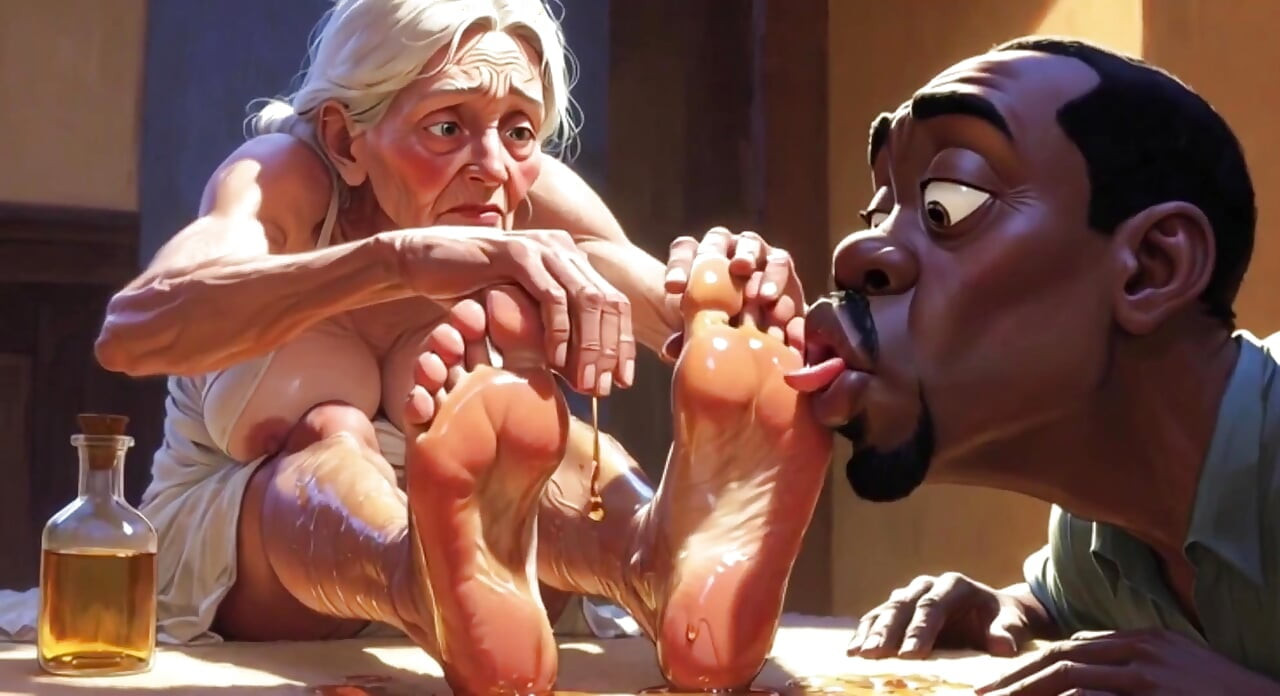 Old Granny Foot Worship - Man Licking Oiled Wrinkled Soles
