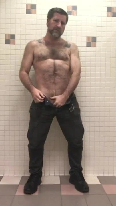 RESTROOM HJ: Hairy Daddy Strips To Shoot CUM FOUNTAIN Pt. 2