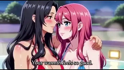 Stepmom and stepsister taking hot bath and pressing boobs