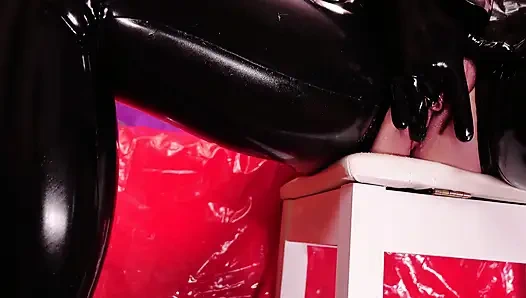 Latex Rubber Diva Masturbates in Black Shiny Catsuit with Dildo and Magic Wand Till Squirt!
