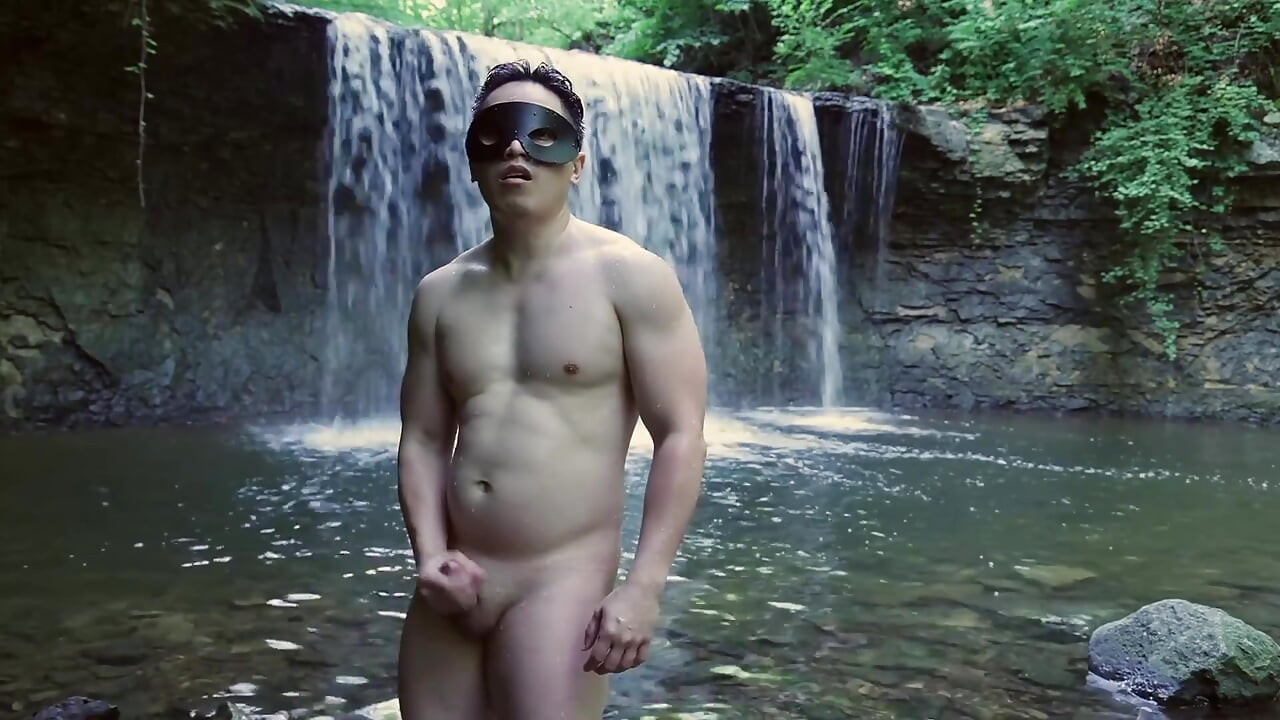 Muscular Asian Hunk Flexes in Speedo by Waterfall - Tight Ass & Hole Tease, Strips Naked & Explodes with Massive Cumshot