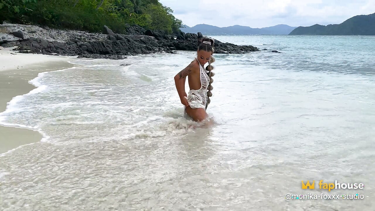 Monika Fox in Slutty White Dress on Beach
