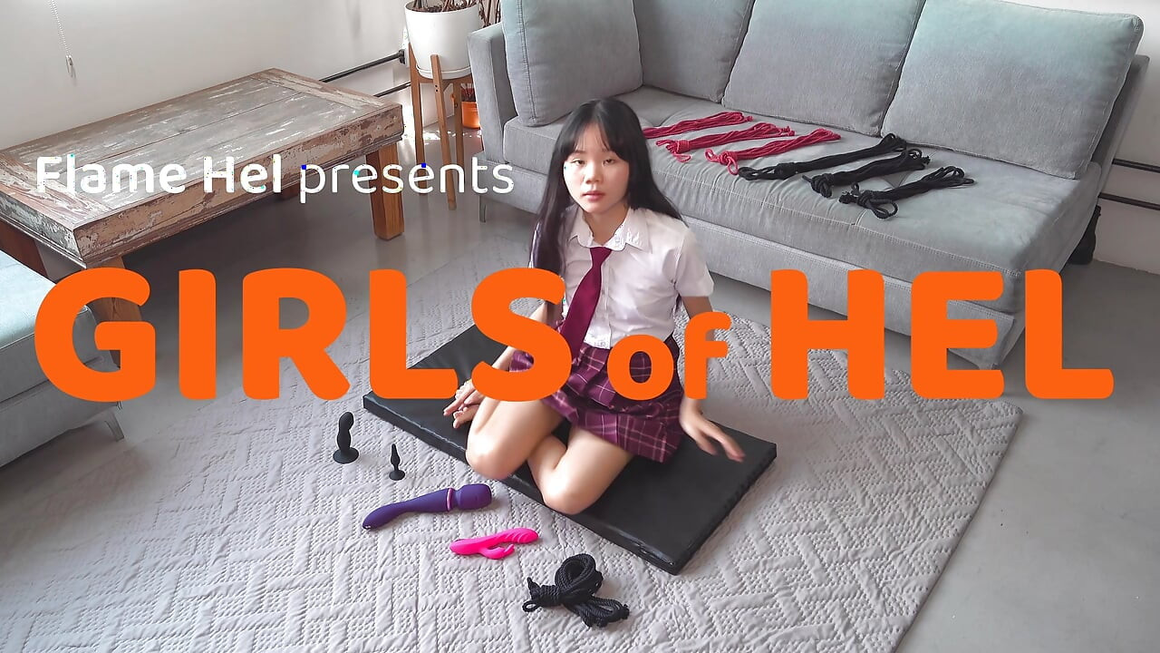 Asian schoolgirl Baebi Hel in shibari ropes - vibrator play and huge liquid squirting