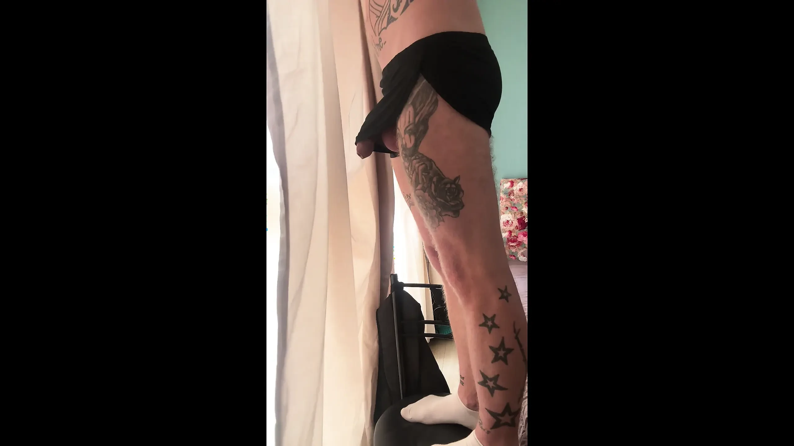 dick-slips-out-of-sports-nylon-shorts-feat-bzik23-fetish-tattoo