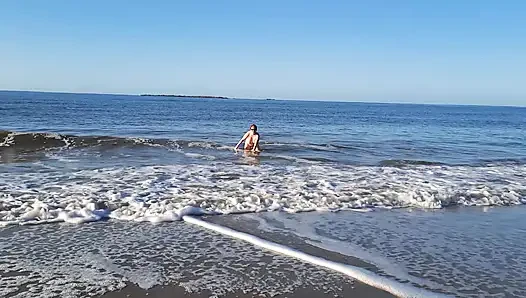 Real nudist Playing Naked in the Ocean Waves