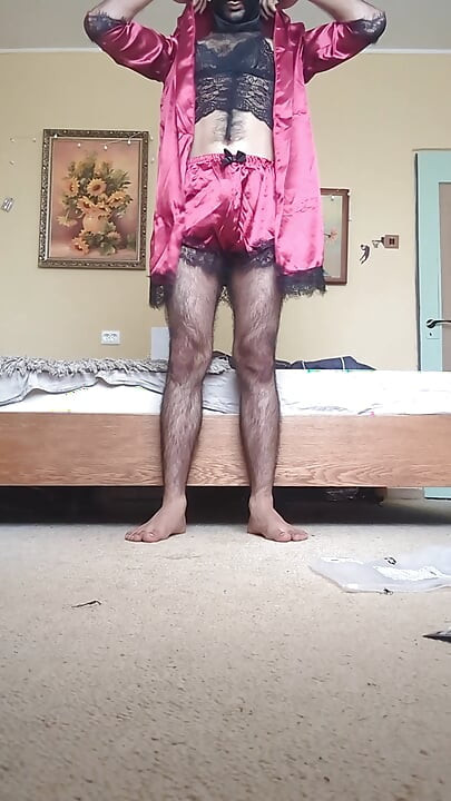 Crossdresser sissy showing new silk nighty and sucked dildo and fucked by colourful beautiful big dildo