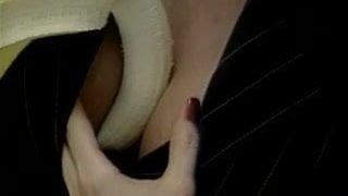 Hot brunette entices guy with banana then sucks his cock