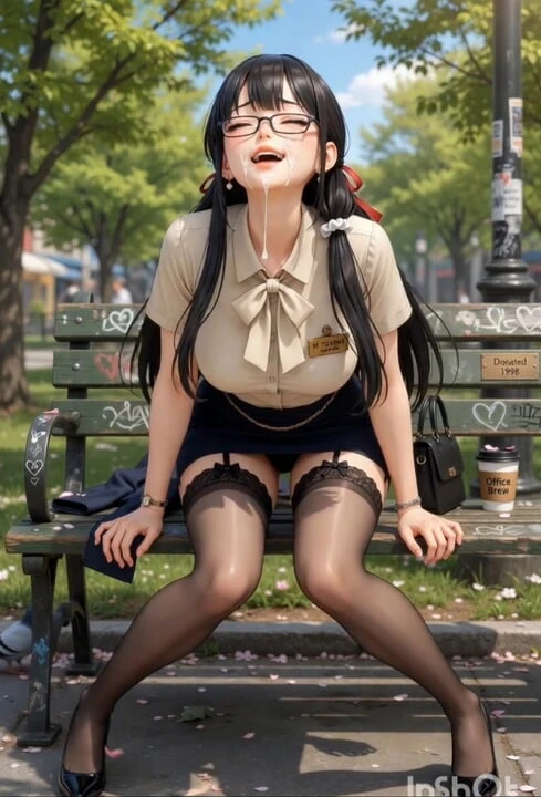 Hentai office wife masturbates in the park on a bench