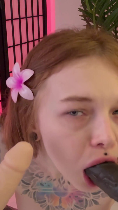 Greedy Karneli Suck Two Dildos at Once