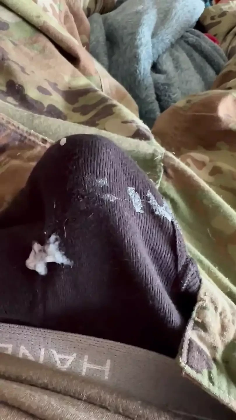 Army solider jerks off in uniform wearing his roommate's black boxer briefs