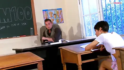 Skinny bitch sucks teachers cock then gets a hard fuck on both holes