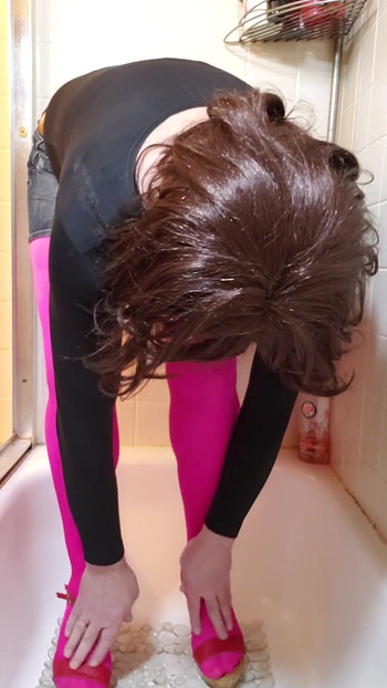 Spectacular moment from "Cd piss my pink nylon pantyhose and miniskirt."