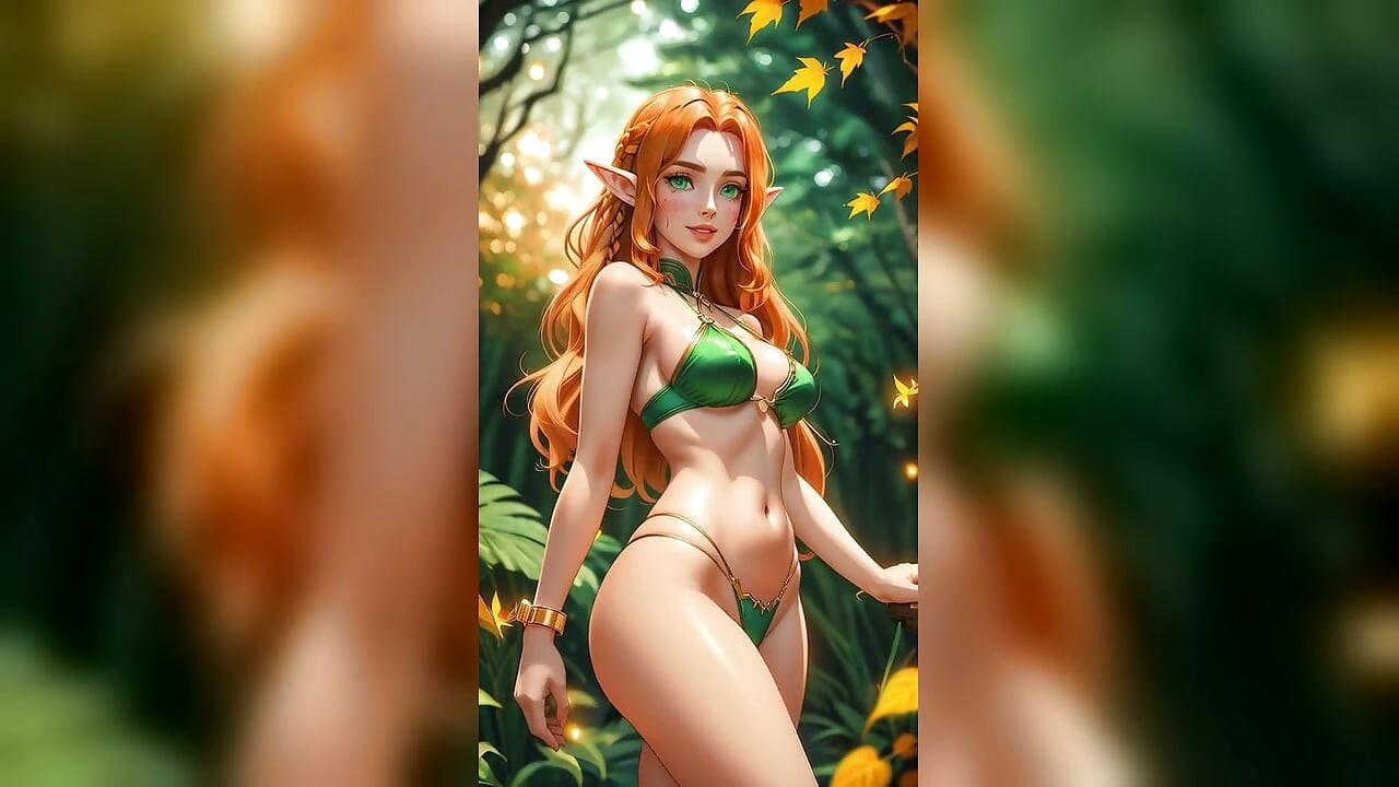 Měděně zrzavá elfka v zelených bikinách tančí v podzimním lese - Sexy AI kočky