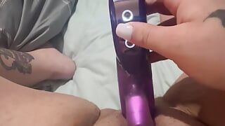 Bbw masturbates with purple dildo until cumming
