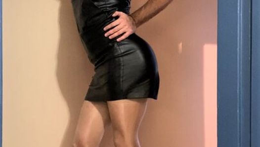 in Leather Dress and Shiny Pantyhose Teacher