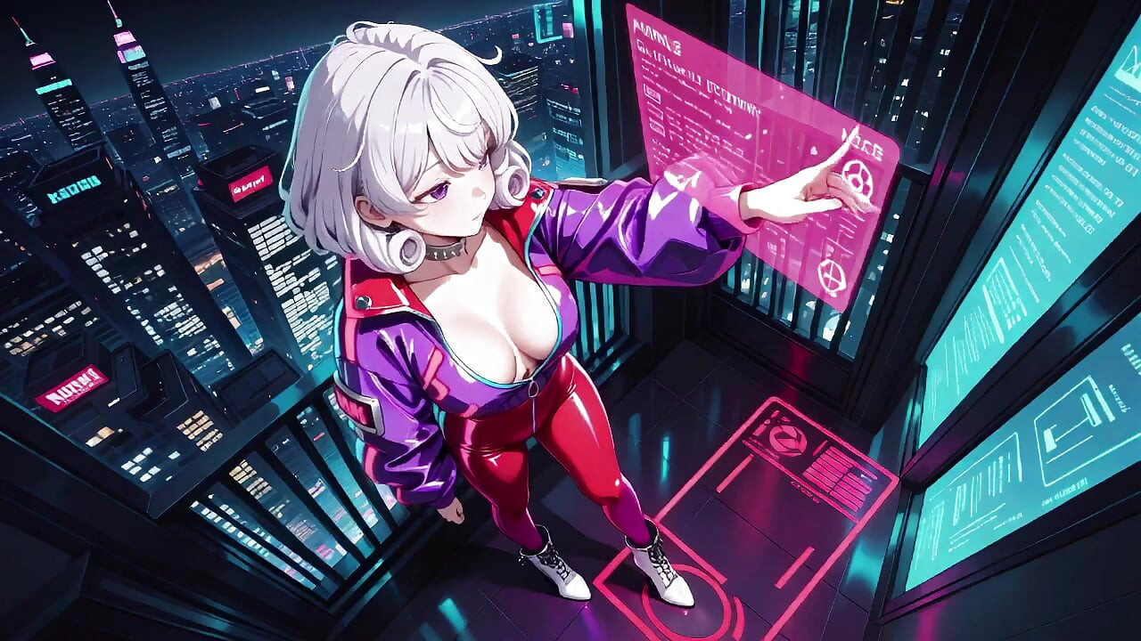 Teasing in a purple bodysuit on the skyscraper balcony, pulling down her collar to reveal inner layers.