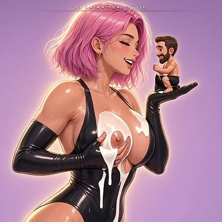 Anime Latex Mistress Kisses the Tiny Man on Her Palm While Milk Drips From Her Breasts