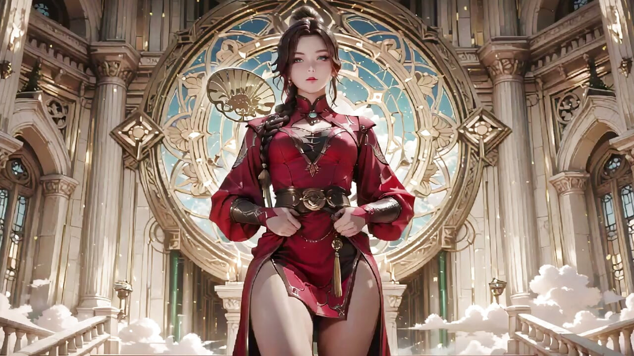 浮遊都市の赤い鎧の女王！エピックファンタジーの誘惑、タイトな赤いボディスーツ。